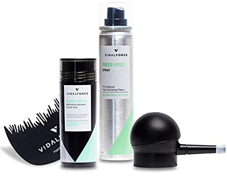VidalForce Ansatzpuder Schwarz Starter Pack (Fixierspray + Applikator + Haarlinien Optimierer + Schütthaar 30gr) Dichtes Haar in 20s I Streuhaar wasserfest