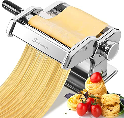 Sailnovo Maquina Para Hacer Pasta, 150 aleación de aluminio Maquina Pasta Fresca, con 7 Ajustes de espesor ajustables y 2 máquinas de corte, Maquina Pasta es muy adecuado para pasta(Plata)