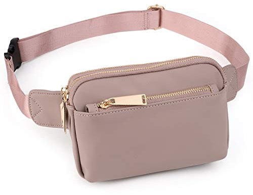 UTO Bauchtasche Hüfttasche für Herren und Damen PU Leder Mode Schlanke leichte Wasit Pack Tasche mit 3 Reißverschlusstaschen Altrosa