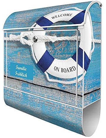 banjado Design Briefkasten personalisiert mit Blauer Rettungsring 38,5x46,5x13cm & 2 Schlüssel - Briefkasten Stahl weiß mit Zeitungsfach pulverbeschichtet - Postkasten A4 Einwurf inkl. Montagematerial
