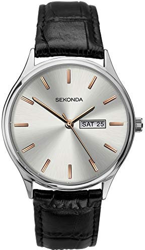 Sekonda Black Leather Silver and Rose-Gold Dial Strap Watch 1686