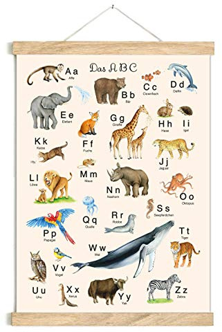 fioniony ABC POSTER 50 x 70 cm TIERE UNGERAHMT ZARTES BEIGE OHNE HOLZLEISTE Tierposter Alphabet Lernposter Schulanfang 1. Klasse Kinderzimmer Kindergarten