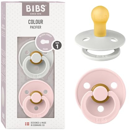 BIBS Colour Schnuller, 0-6 Monate, 2er-Pack, Runder Sauger, Haze/Blossom | Naturkautschuklatex | Größe 1 | BPA-frei | Hergestellt in Dänemark | Hohe Akzeptanz | Luftlöcher | Komfortschild