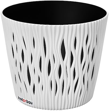 KOTARBAU® Macetero con inserto interior 265x225 mm, Macetero blanco 3D, Diseño ondulado con agujeros decorativos, Macetero redondo con maceta interior, Tiesto para flores y plantas, Maceta de plástico