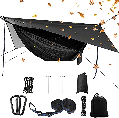 YCD camping hängmatt-set, enkel dubbel hängmatta, myggnät, insektsnät, regnfluga, fallparaply tyg hängsäng. Lämplig för utomhus, vandring, camping, resor