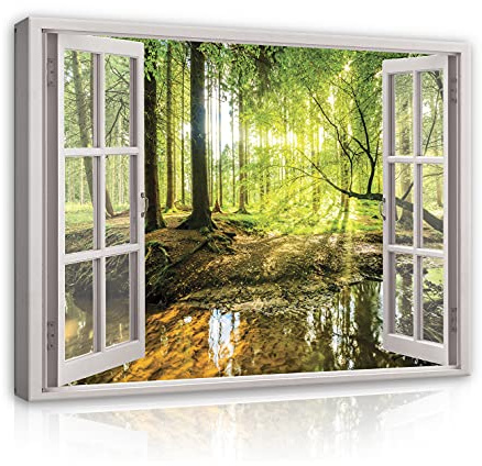 WallArena Leinwand Bilder 80x60 cm | Fensterblick Wald Nebel Landschaft Fenster, Format: 80x60 cm (BxH) - einteilig auf Canvas Leinwand. Das Leinwand