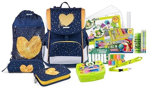 Jolly Set de cartables - Ergonomic Flexi, 46 pièces, Sac de Gym, Sac à Dos et Sac à Ressort Inclus, Dos réglable en Hauteur avec système Push