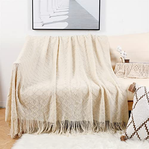 Hayisugal Gestrickte Decke Wohndecke Boho Decke Weich Wolldecke mit Quaste Kuscheldecke Sofadecke Couch Decke Überwurfdecke Tagesdecke, Beige, 150 x 200cm