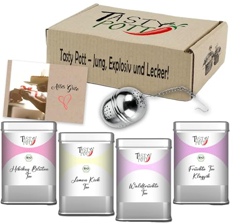 Tasty Pott Früchte Tee Box I Geschenkset I Teemischungen I Früchtetee I Kräutertee I Geschenk I Teebox I Tee trinken I Teesieb I Dankkarte (Früchte Box)
