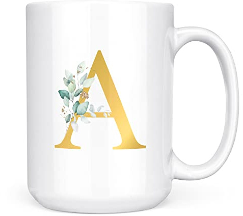 Personalised Letter A Floral Mug Initial, Customised Gift, Gold Effect Printed Letter, NOT Metallic - Ceramic Coffee Cup for Men or Women, Extra Large and Giant Mug, 15oz White Cup