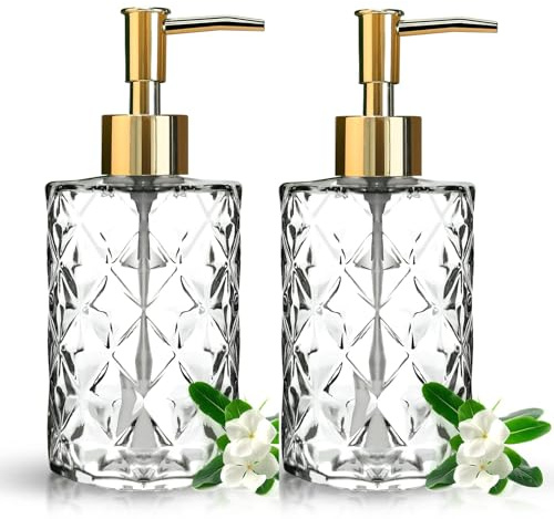 Topsky 2 x 330 ml glas tvåldispenser för kök, badrum, pump av svart glas och plast, för diskmaskin, flytande tvål (transparent guld)