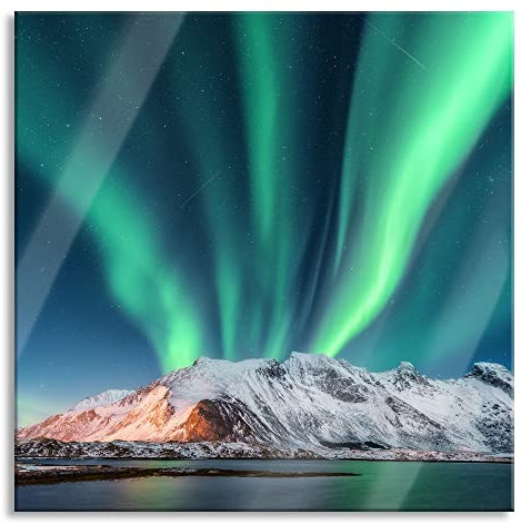 Pixxprint Glasbild, Wandbild auf Echtglas, Nordlichter über Gletscher in Norwegen, 80x80 cm, inkl. Aufhängung und Abstandshalter