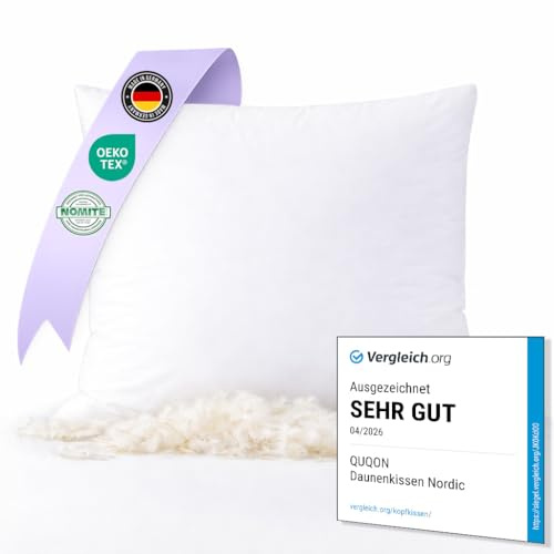 QUQON© Nordic Daunenkissen 80x80 cm – Kopfkissen mit Daunen & Federn – weich & anschmiegsam – luxuriöses Schlafgefühl – OEKO-TEX – für Allergiker geeignet