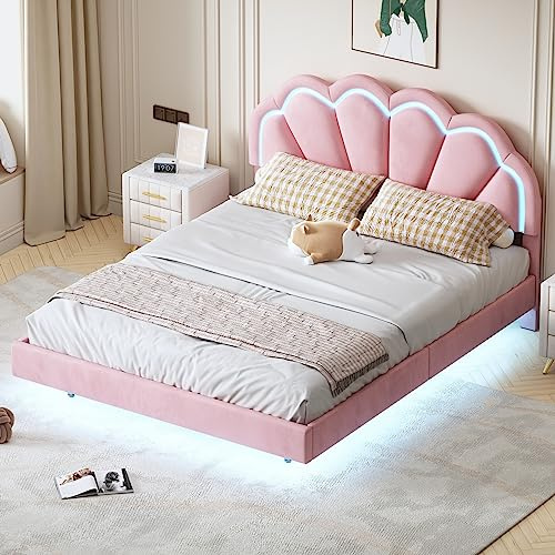 ZYLOYAL10 Polsterbett Kinderbett, Bettgestell mit Kopfteil in Blumenform und Lattenrost, Teenie-Mädchenbett in hautfreundlichem Samtstoff, Gästebett (Rosa 140 x 200 cm)