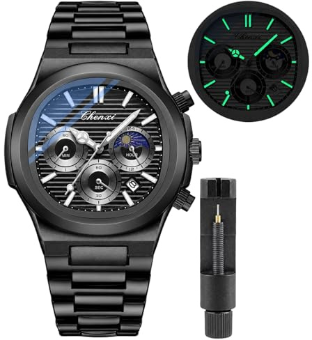 Gosasa - Orologio da uomo alla moda, in acciaio inox, movimento al quarzo, luminoso, impermeabile, con display analogico