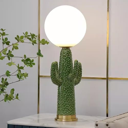 FAZRPIP Grüne Kaktus-Tischlampe – kleine Lampe, 50,8 cm/66 cm hoch, mit Keramiksockel für Tische – mit E26-Glühbirnenfassung – inklusive Glasschirm. Moderne Nachtlicht-Schlafzimmer-Nachttischlampe