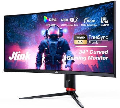 Jlink Curved Gaming Monitor 34 Zoll, 165 Hz, Ultra WQH 2K, 3440×1440, 128% sRGB-LED, gebogener 1500R PC Bildschirm, HDR FreeSync G-Sync VA-Panel, 1 ms MPRT, Pip/PBP/KVM, HDMI DP Typ-C USB LAN
