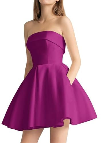 Falda de bola de satén sin tirantes para mujer, vestido de fiesta de regreso a casa, vestido de noche corto para jóvenes, fucsia, 36