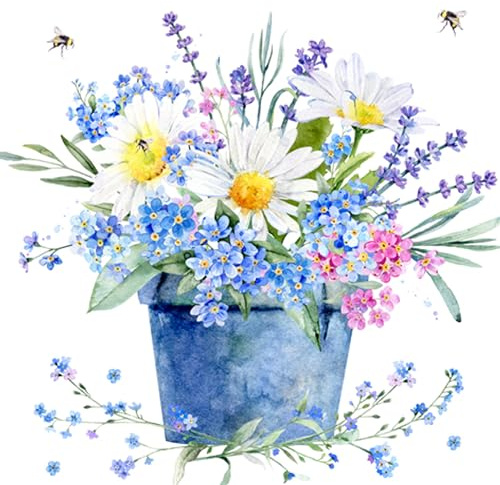 Servietten Papier 33x33cm 3-lagig 20 Stück - hochwertig & nachhaltig - Einweg Hochzeitsservietten - Papierservietten für Hochzeit Gastronomie Alltag - Wiesenblumen im Blumentopf