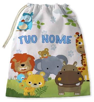 Sacca Asilo porta bavaglini tovagliette ecc Scuola Materna/Elementare, Nido,Sport, personalizzato con nome bambino regalo inizio scuola (AnimalI della foresta leone ippopotamo giraffa orsetto gufo)