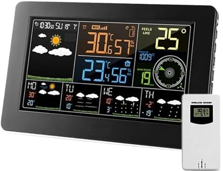 Smart WiFi Weather Station with Large Color Screen, Remote Sensors & Alarm Clock - Indoor/Outdoor Temperature & Humidity Meter for Barometric/Snooze/Weather Forecast - APP Controlled