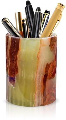SHOPUKASA Natural Marble Pen Holder for Desk Handcrafted Stone Pencil Pot & Makeup Brush Holder, Unique One-of-a-Kind Pattern, Office Desk Accessories & Vanity Organiser, Eco-Friendly Gift, 7×10 cm