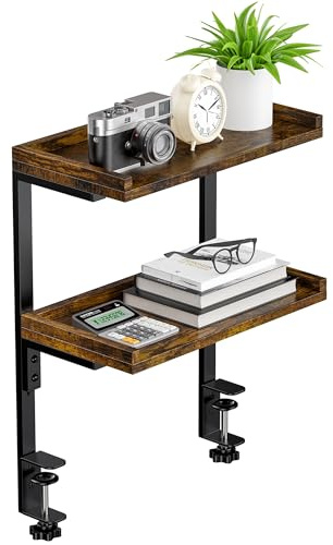 ART-GIFTREE Clamp On Desk Shelf 2-Tier, 12.5 inche Wood Shelving Unit for Office Desk/Gaming Accessories, Tabletop Book Storage Rack, Shelf for Top & Under of Desk, Brown