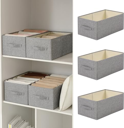 Linen Folding Storage Bins, 3 Pack Large Storage Baskets, Washable, Clothing Storage Bins with Handle, Closet Organizer for Storage Sweater,Sheets(dark grey, 18½x11 x8½)