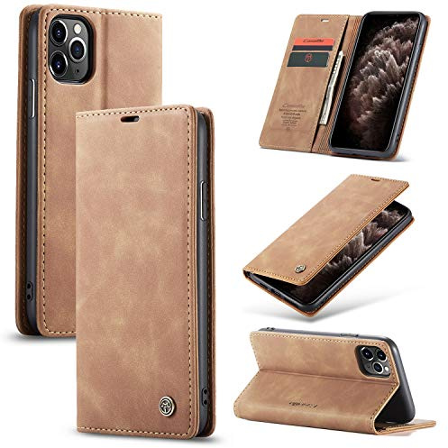 owlhold hülle iPhone 11 Pro klapphülle Premium Lederhülle Weiches Vintage-Nubukleder Faltbare Ständer Schutzhülle Kartenfach Standfunktion stoßfest Handyhülle iPhone 11 Pro -Braun