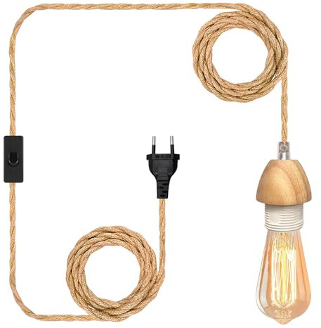 16.7FT Lámpara Colgante de Cuerda de Cáñamo, Portalámparas E27 Con Cable e Interruptor, Plug In DIY Vintage Kit de Lámpara (Sin Bombilla)