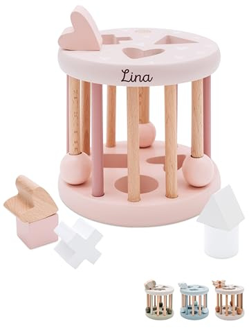wunderwunsch® - Personalisiertes Formen-Sortier-Rad aus Holz - Montessori Würfel - Baby Motorikspielzeug ab 1 Jahr - Baby Spielzeug 1 Jahr (rosa, ohne Name)