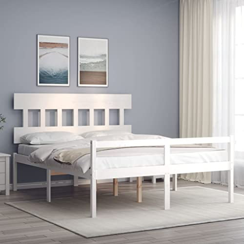 Iiaky Seniorenbett mit Kopfteil Seniorenbett Bettgestell Bett Mit Kopfteil Massivholzbett 160x200 cm Weiß Massivholz