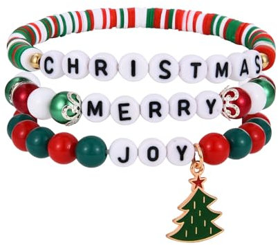 JEWTOP Weihnachtsschmuck Perlen Armbänder Set für Damen Mädchen, Frohe Weihnachten Armband mit Charms Weihnachtsbaum, bunte Perlen Stretch Armband Weihnachten Geschenke