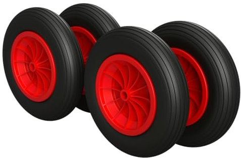 4 x Roue en polyuréthane Ø 350 mm 3.50-8 palier lisse roue de brouette pneus anti-crevaison, noir/rouge