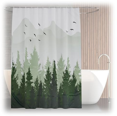 Relaxdays Duschdraperi gran skog, badgardin 180 x 200, anti-mögel, tvättbar, 12 ringar, badkarsgardin, flerfärgad