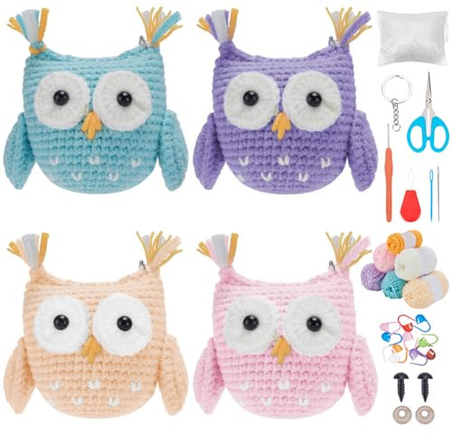 FREEBLOSS 4 Set Häkelset Für Anfänger Häkelset Für Schlüsselanhänger Mit Eulenmotiv Häkelset Für Tiere Mit Häkelnadeln Garn Schritt Für Schritt Video Tutorials Häkel Starter Kit Basteln