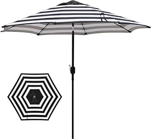 Grand parasol de terrasse d'extérieur de 2,7 m avec bouton-poussoir d'inclinaison et manivelle, poteau robuste et 8 baleines, parasol de marché pour jardin, pelouse, arrière-cour et piscine, motif à