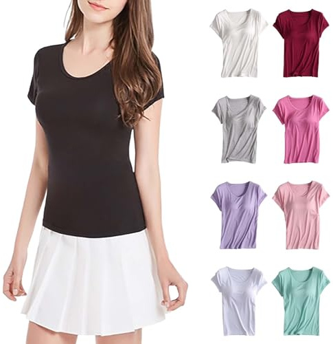Hauts d'été avec soutien-gorge intégré - T-shirt de sport pour femme - Élégant - Manches courtes - Col rond - Tunique - Confortable - Couleur unie - Pour adolescentes et filles, Blanc., L