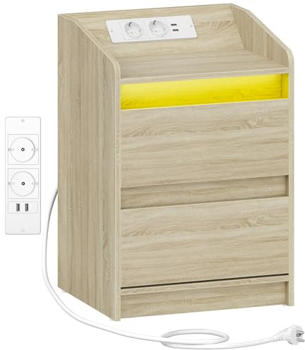 Hzuaneri Nachttische mit LED-Lichtern, Ladestation und 2 Schubladen | Beistelltisch mit USB-Anschlüssen & Steckdosen, Stilvoll und vielseitig, für Wohnzimmer und Schlafzimmer, Eiche NS30016X
