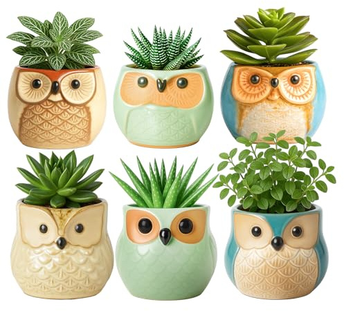 Toemics Ceramic Owl Succulent Plant Pots Set of 6, Mini Cute Animal Planters with Drainage Hole, Small Cactus Flower Pots for Desk Windowsill Home Office Décor, Gift for Plant Lovers