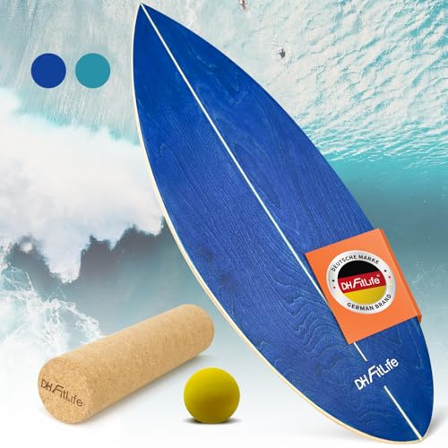 DH FitLife Surfin Balance Board aus Echtholz | Indoor Surfboard mit Rocker Shape | Wackelbrett für Kinder und Erwachsene | Spaß & Training Zuhause (Himmelblau)