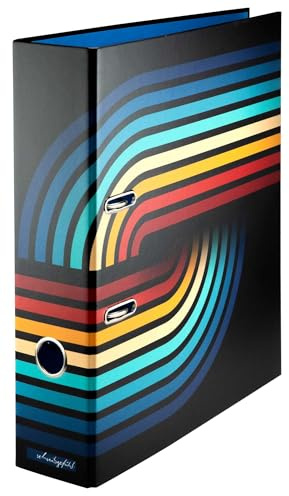 Retro Aktenordner Ordner DIN A4, ca. 8 cm breit, Schwarz bunt matt | Design Farben Muster, Büro Arbeitsplatz