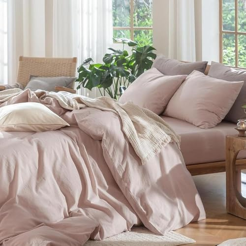 Lanqinglv Rosa Bettwäsche 135x200 Baumwolle,Stone Washed,Renforce | ÖKO-TEX Zertifiziert,Leinenoptik Bettwäsche Allergiker,4 Jahreszeiten Set,Bettbezug 1 Kissenbezüge 80x80 mit Reißverschluss