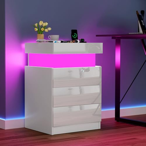 EXSELTMAN Nachttisch weiß led, 3 Schubladen, Nachttisch mit USB, AC Steckdosen, 2 USB-Anschlüsse, Hochglanz, Verstecktem Schublade, Beistelltisch Nachtschrank für Schlafzimmer Wohnzimmer