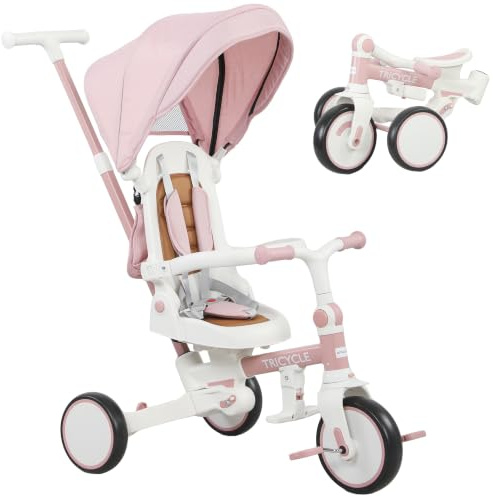 AIYAPLAY Dreirad 5-in-1 mit Schubstange für 1-3 Jahre Faltbar Rosa | Kinderdreirad, Reversibler Sitz, Fußstütze, Ausziehbares Sonnendach, Aufbewahrungstasche, Sicherheitsgurt