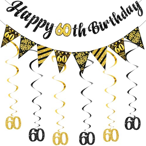 Deko 60. Geburtstag Mann Frau, 60 Geburtstag Deko Banner, 60 Jahre Geburtstagsdeko Wimpel Girlande, Schwarz Gold Dekorationen Luftschlangen Hängende Wirbel für 60. Jahre Geburtstagsparty Dekoration