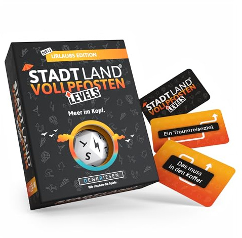 DENKRIESEN - Stadt Land Vollpfosten® Levels Urlaubs Edition – Meer im Kopf. | 60 Karten | ab 12 Jahren | ca. 30 min | 2-6 Spieler | Familienspiel | Reisespiel | Stadt Land Fluss für den Urlaub