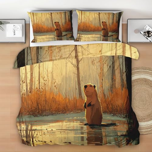 Generisch Bettwäsche 3 Teilig 150x200 Biber Tier, Herbstwald Wendebettwäsche, Wild Tier Bettbezug Microfaser mit 1 Kissenbezug und Reißverschluss