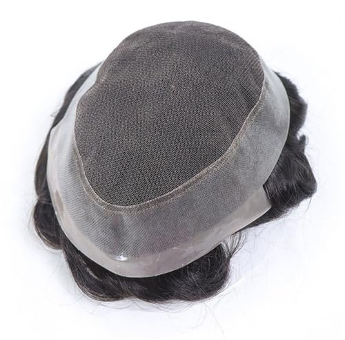 Herrenperücke kurzes Haar Herren-Toupet, Echthaar, französische Spitze, Mitte, PU um #1B, glattes Haar, Ersatzsystem Perücke für Männer(6x8)
