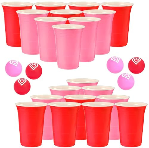 AXBMM 28 Packs Valentine's Day Cup Pong Game Set Includes 22 Pcs 16 Oz Red Pink Cups and 6 Pcs Heart Printed Pong Balls, Indoor Outdoor Toss Game Supplies for Adults, Valentines Party Favors